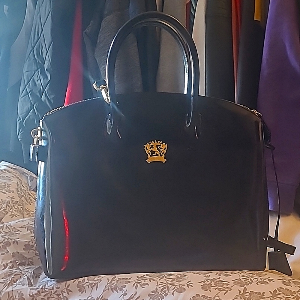 Pratesi Black Patent Leather bag with detachable shoulder strap.